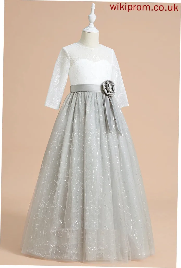 Girl Flower Floor-length Dress Tulle/Lace With Scoop Neck Amiya Ball-Gown/Princess - Flower(s)/Sequins Flower Girl Dresses Sleeves 1/2