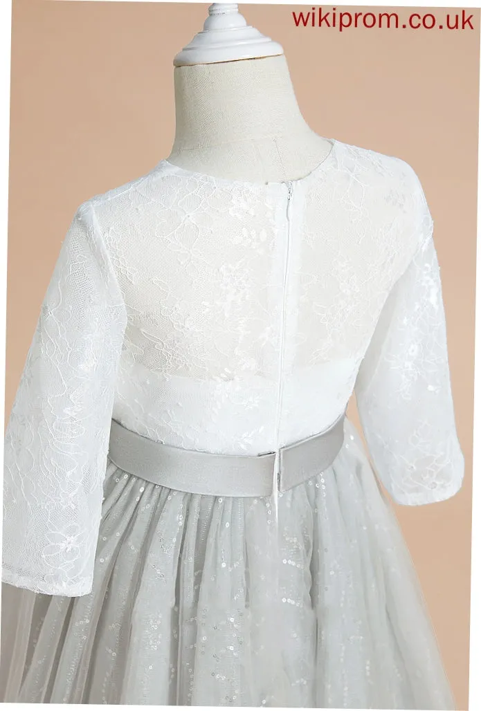 Girl Flower Floor-length Dress Tulle/Lace With Scoop Neck Amiya Ball-Gown/Princess - Flower(s)/Sequins Flower Girl Dresses Sleeves 1/2
