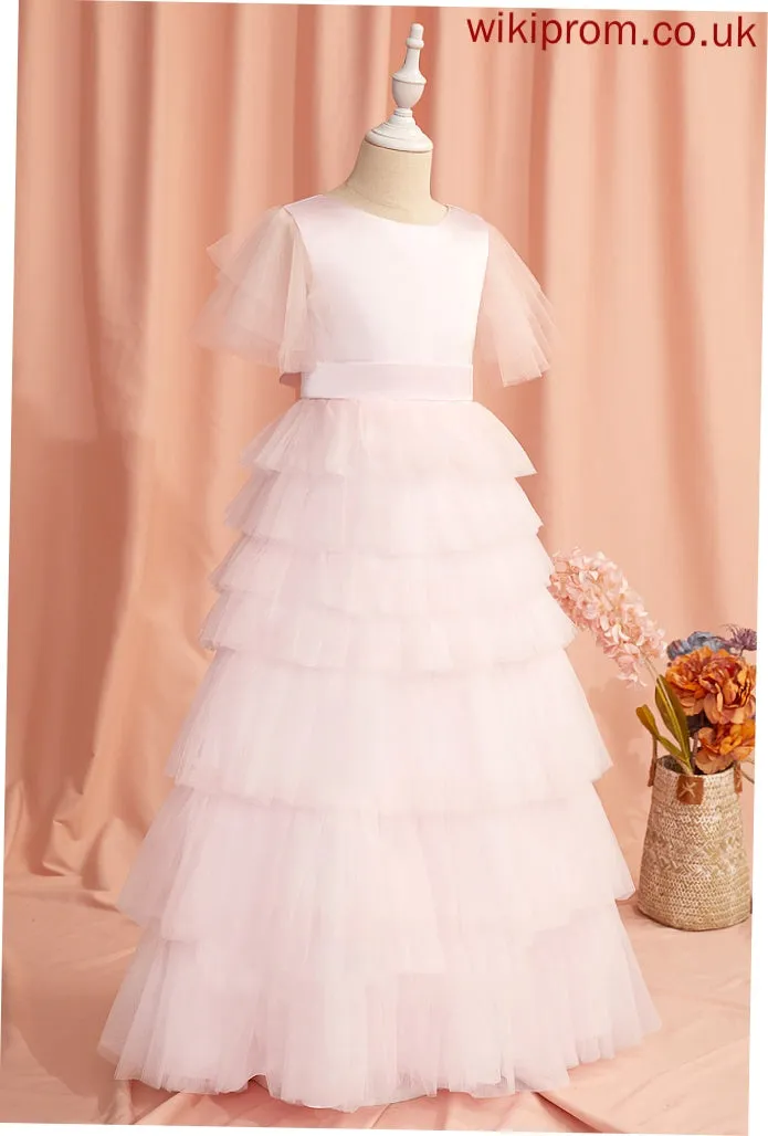 Girl Ruffles/V Tulle - Short Neck Flower Scoop Dress Ball-Gown/Princess Alyvia With Sleeves Back Flower Girl Dresses Floor-length