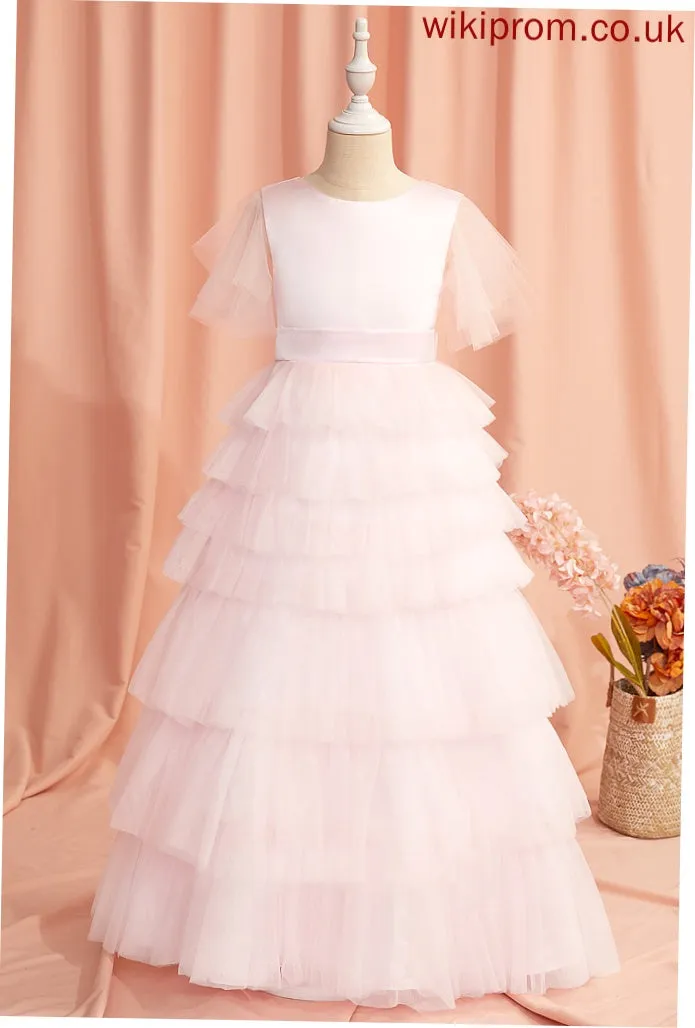 Girl Ruffles/V Tulle - Short Neck Flower Scoop Dress Ball-Gown/Princess Alyvia With Sleeves Back Flower Girl Dresses Floor-length