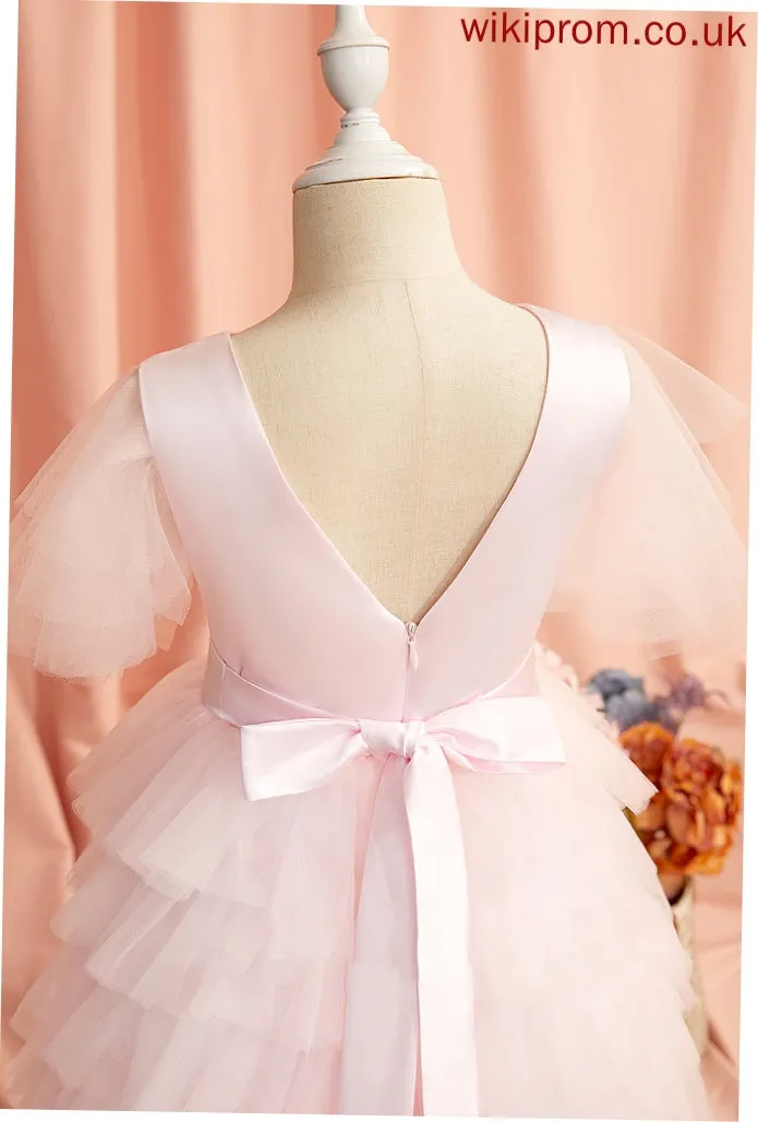 Girl Ruffles/V Tulle - Short Neck Flower Scoop Dress Ball-Gown/Princess Alyvia With Sleeves Back Flower Girl Dresses Floor-length