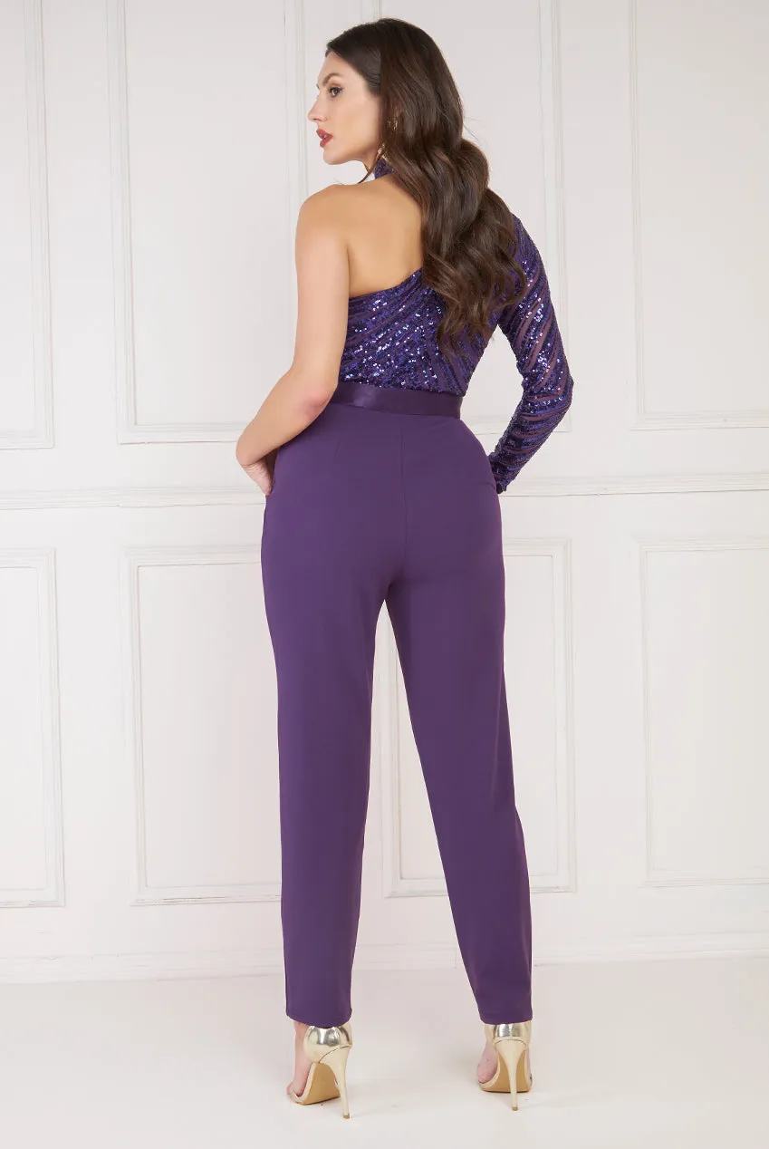 Goddiva One Shoulder Sequin Bodice Jumpsuit