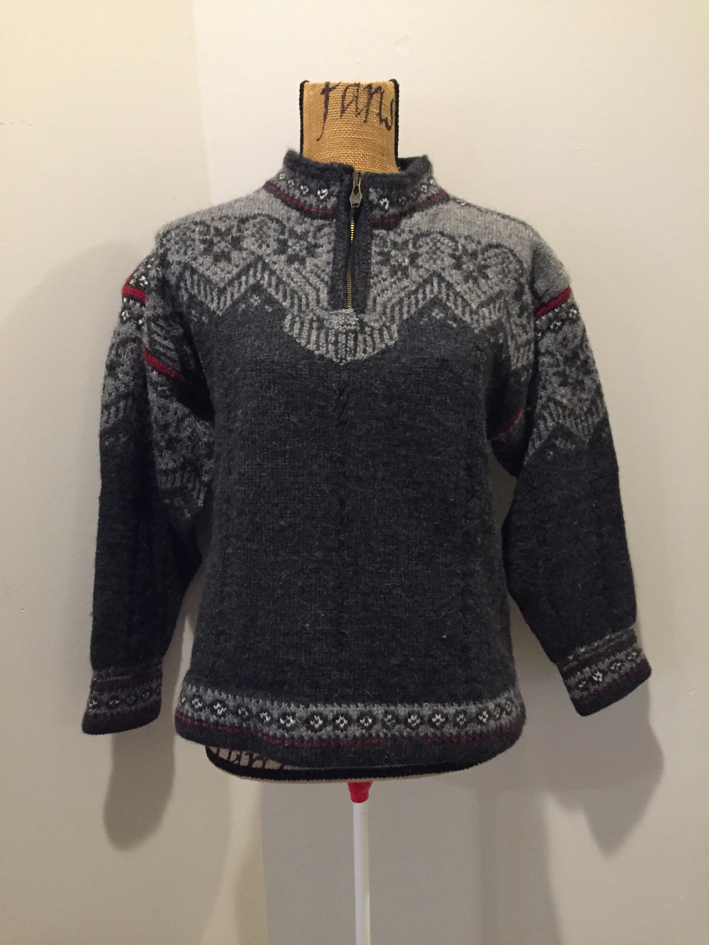 Handmade Grey/red/white Norwegian Style Wool Sweater, SOLD