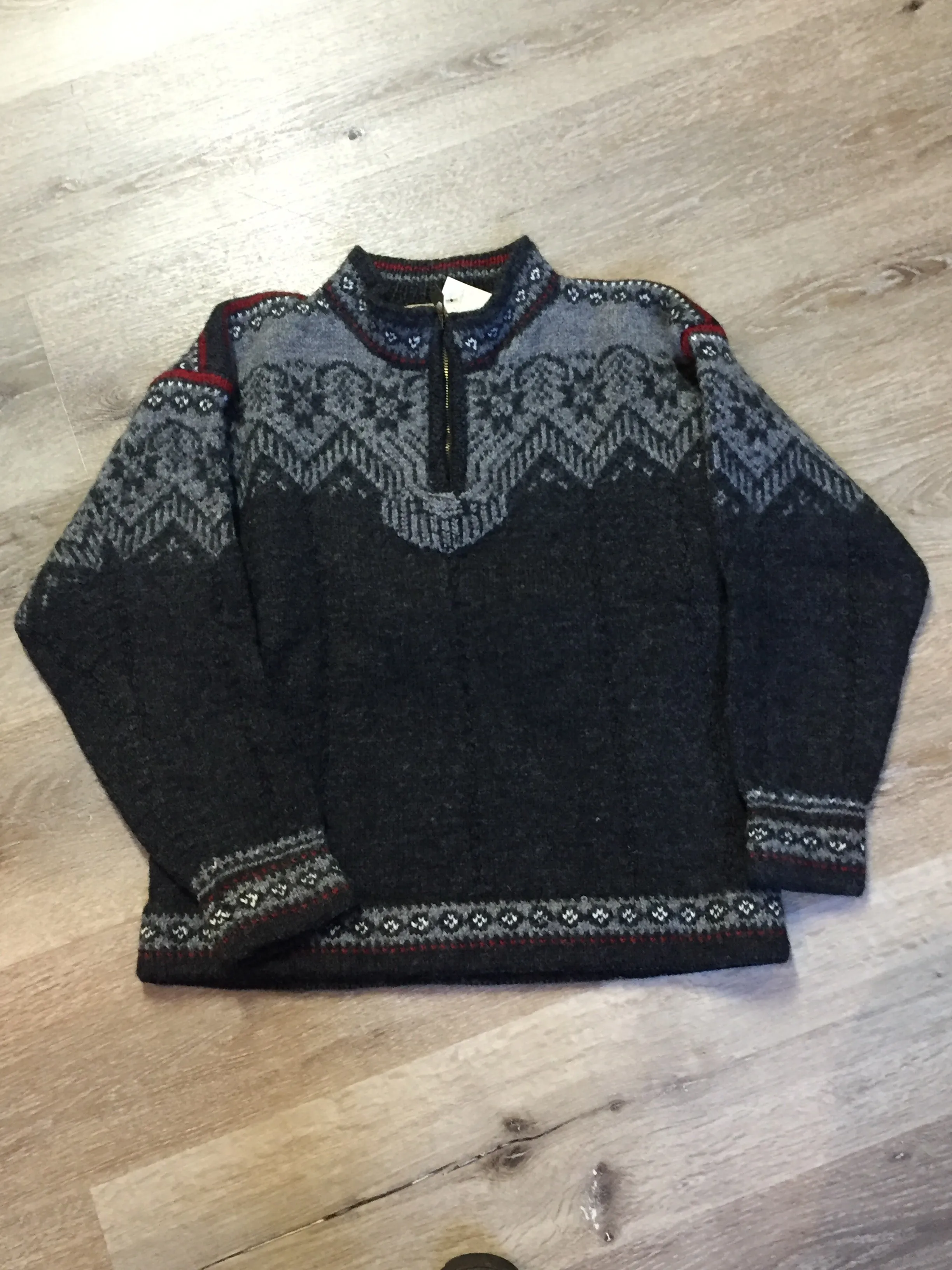 Handmade Grey/red/white Norwegian Style Wool Sweater, SOLD