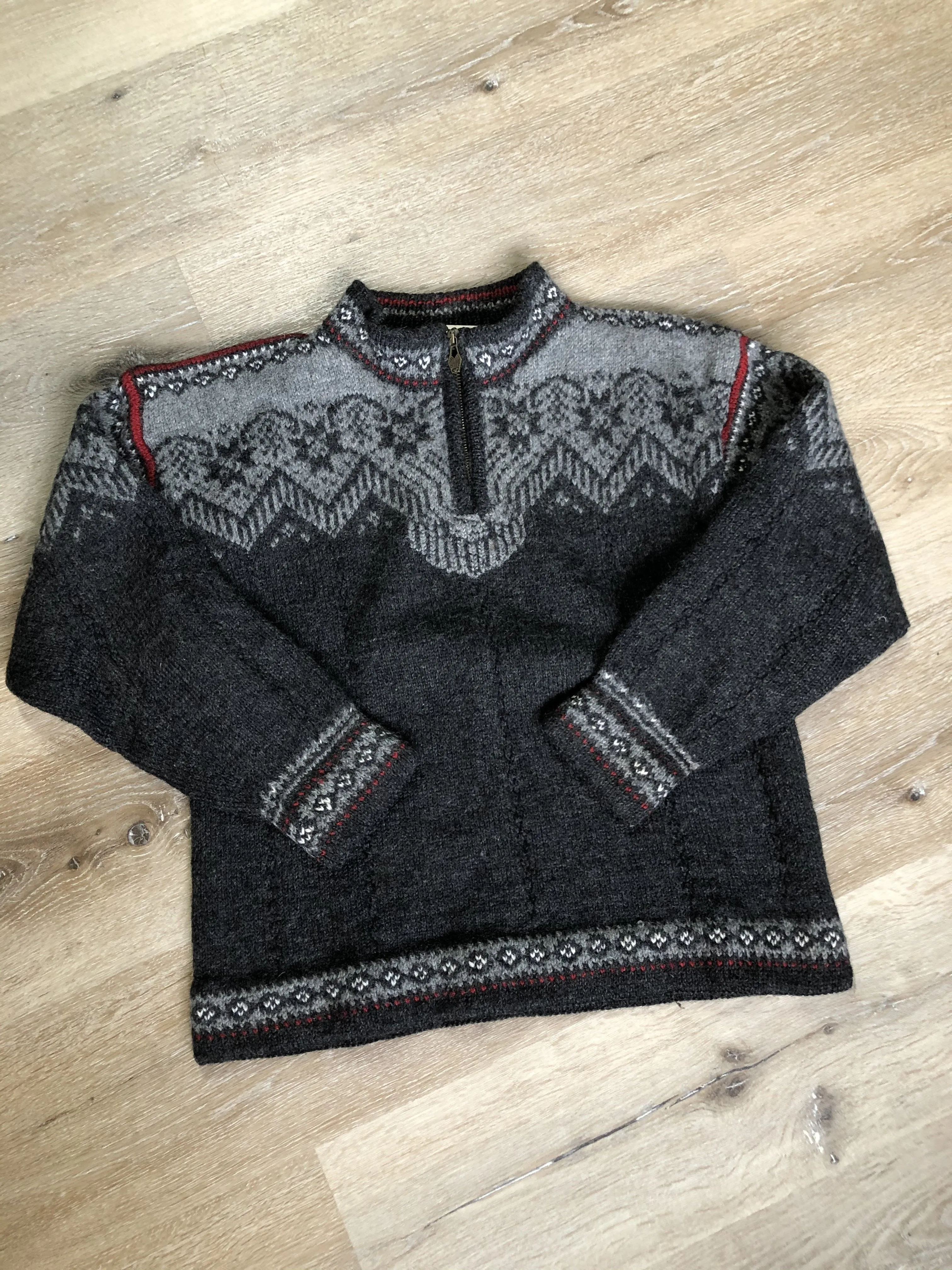 Handmade Grey/red/white Norwegian Style Wool Sweater, SOLD