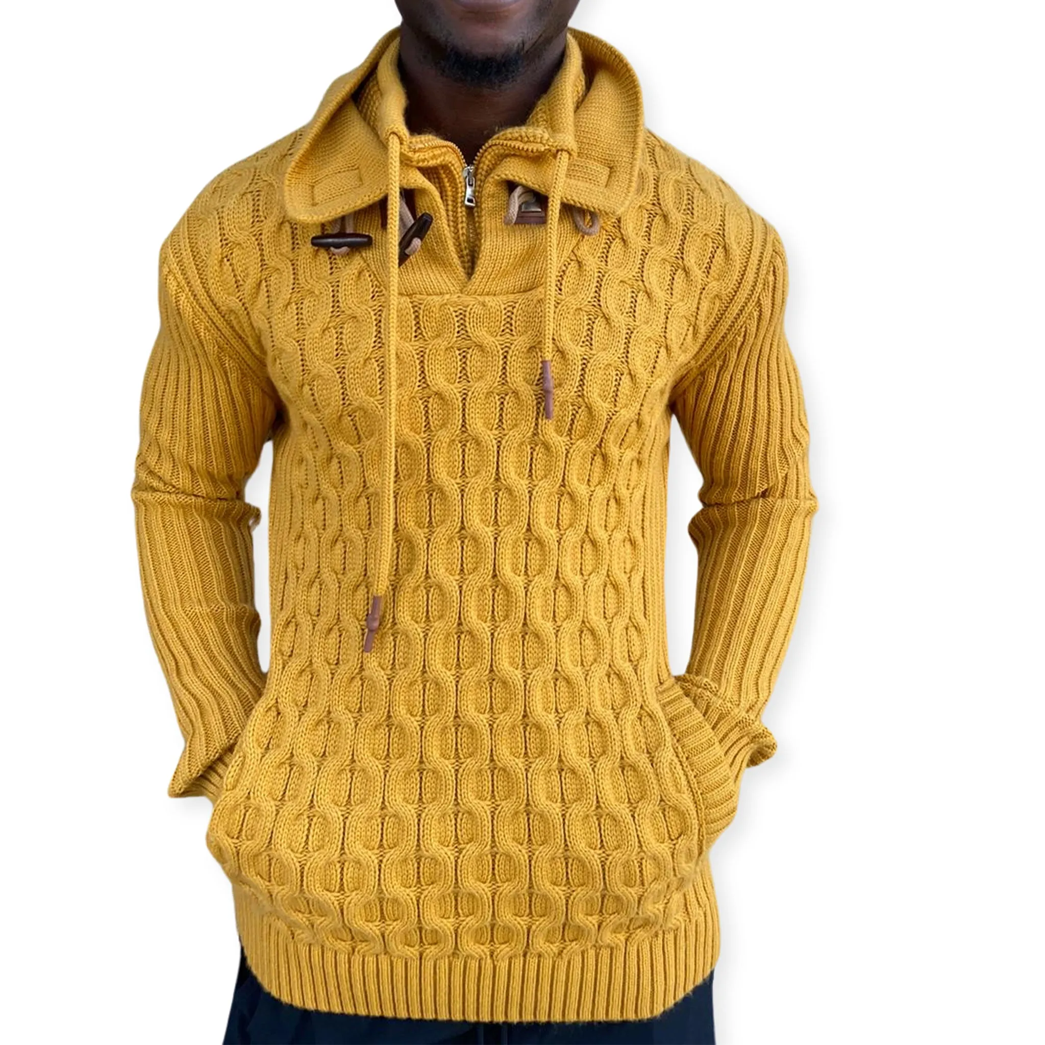 [Jordan] Yellow Men's Quarter-Zip Wool Sweater with Wood Buttons