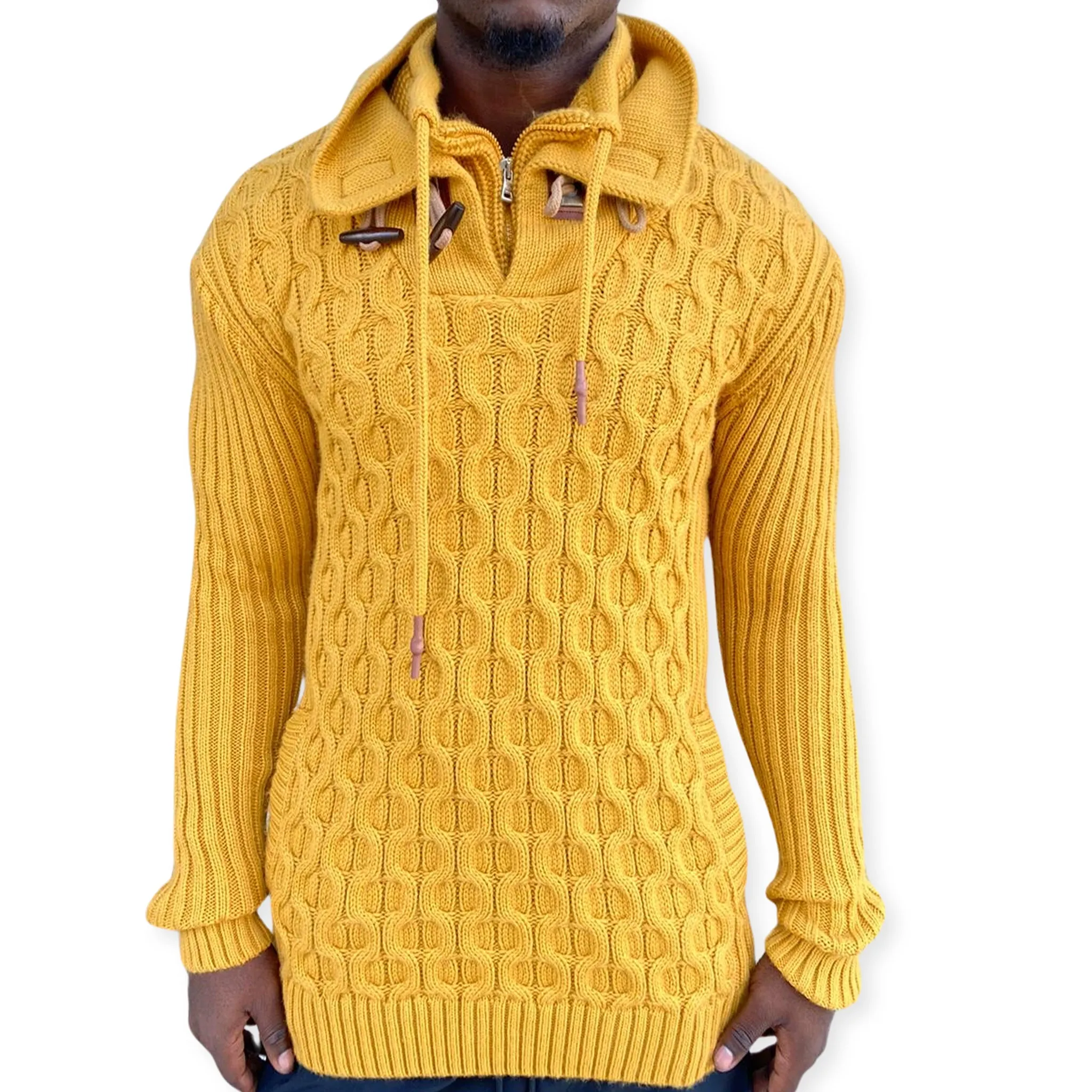 [Jordan] Yellow Men's Quarter-Zip Wool Sweater with Wood Buttons