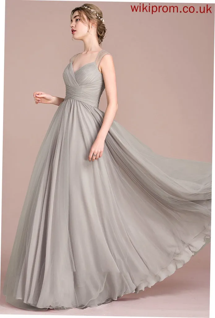 Kiara Beading V-neck Ball-Gown/Princess Floor-Length Prom Dresses With Tulle Ruffle