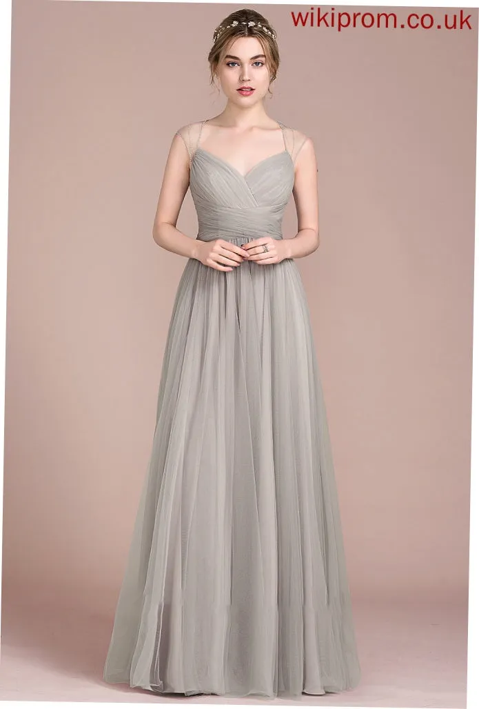 Kiara Beading V-neck Ball-Gown/Princess Floor-Length Prom Dresses With Tulle Ruffle