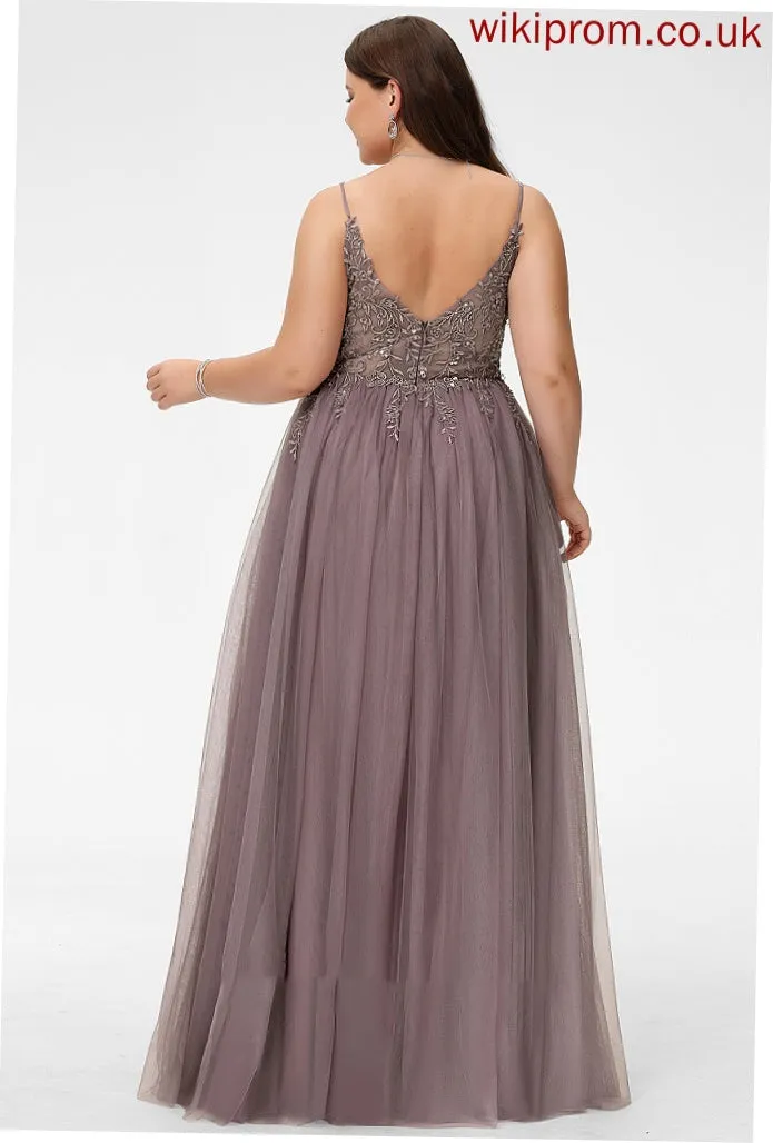 Lace Cecelia Tulle With Floor-Length V-neck Split Beading Ball-Gown/Princess Sequins Front Prom Dresses