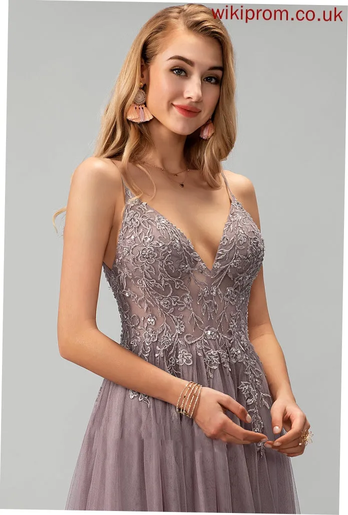 Lace Cecelia Tulle With Floor-Length V-neck Split Beading Ball-Gown/Princess Sequins Front Prom Dresses