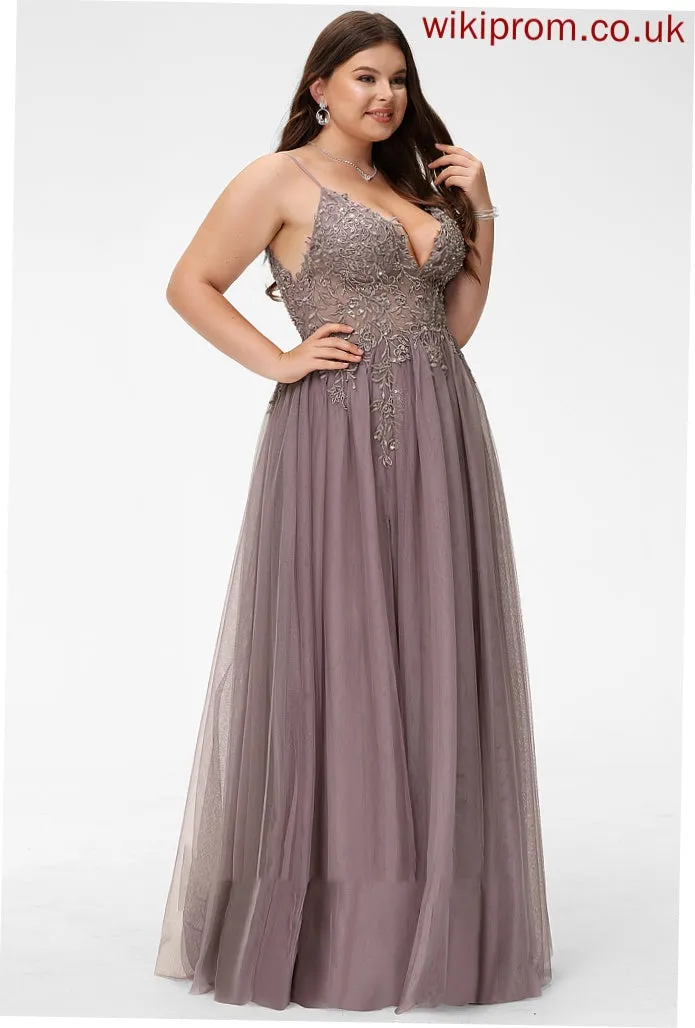 Lace Cecelia Tulle With Floor-Length V-neck Split Beading Ball-Gown/Princess Sequins Front Prom Dresses