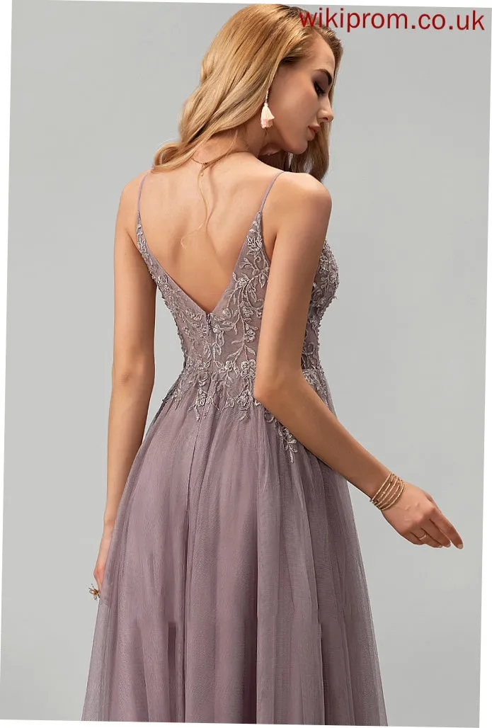 Lace Cecelia Tulle With Floor-Length V-neck Split Beading Ball-Gown/Princess Sequins Front Prom Dresses
