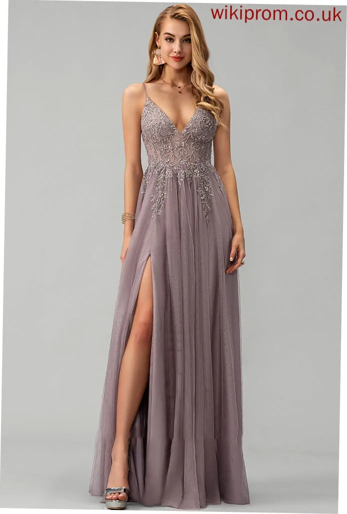 Lace Cecelia Tulle With Floor-Length V-neck Split Beading Ball-Gown/Princess Sequins Front Prom Dresses
