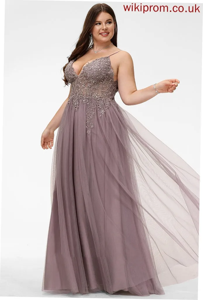 Lace Cecelia Tulle With Floor-Length V-neck Split Beading Ball-Gown/Princess Sequins Front Prom Dresses