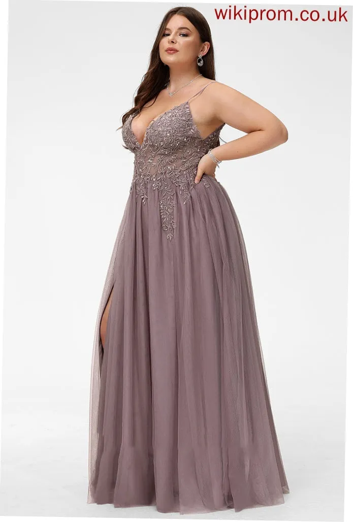 Lace Cecelia Tulle With Floor-Length V-neck Split Beading Ball-Gown/Princess Sequins Front Prom Dresses