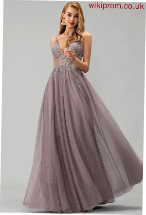 Lace Cecelia Tulle With Floor-Length V-neck Split Beading Ball-Gown/Princess Sequins Front Prom Dresses