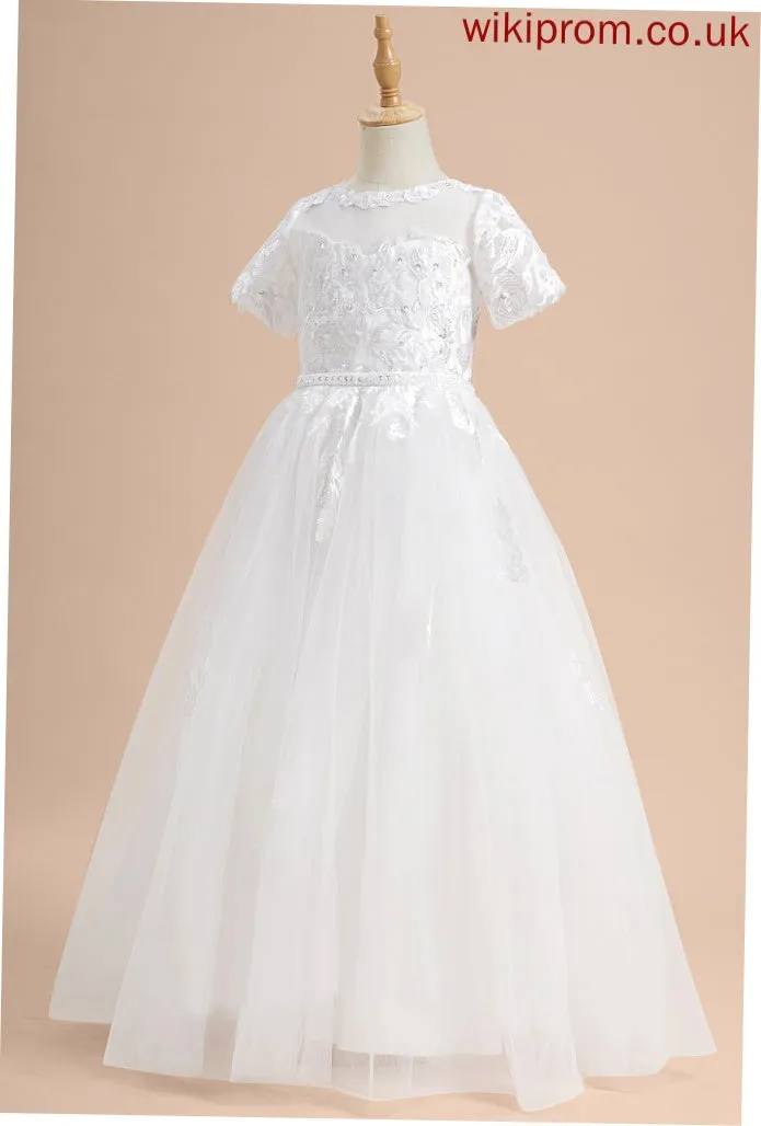 Lace/Beading/Sequins Floor-length Girl Scoop Tulle Sleeves - Ball-Gown/Princess Flower Short Briana With Flower Girl Dresses Dress Neck