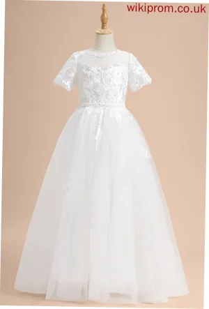 Lace/Beading/Sequins Floor-length Girl Scoop Tulle Sleeves - Ball-Gown/Princess Flower Short Briana With Flower Girl Dresses Dress Neck