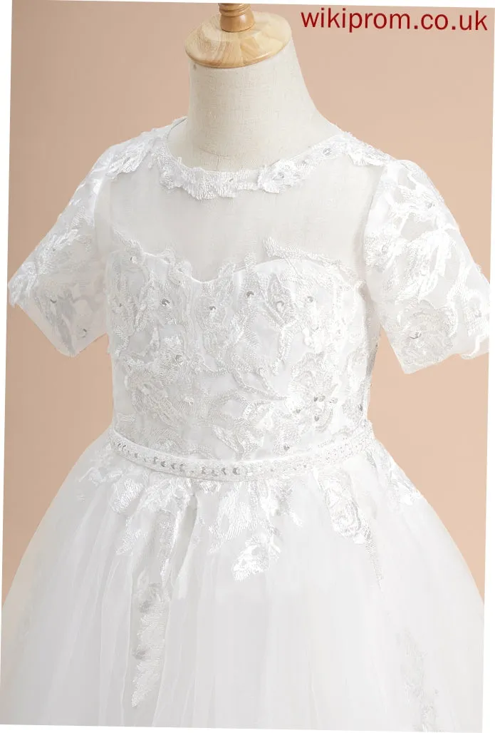 Lace/Beading/Sequins Floor-length Girl Scoop Tulle Sleeves - Ball-Gown/Princess Flower Short Briana With Flower Girl Dresses Dress Neck