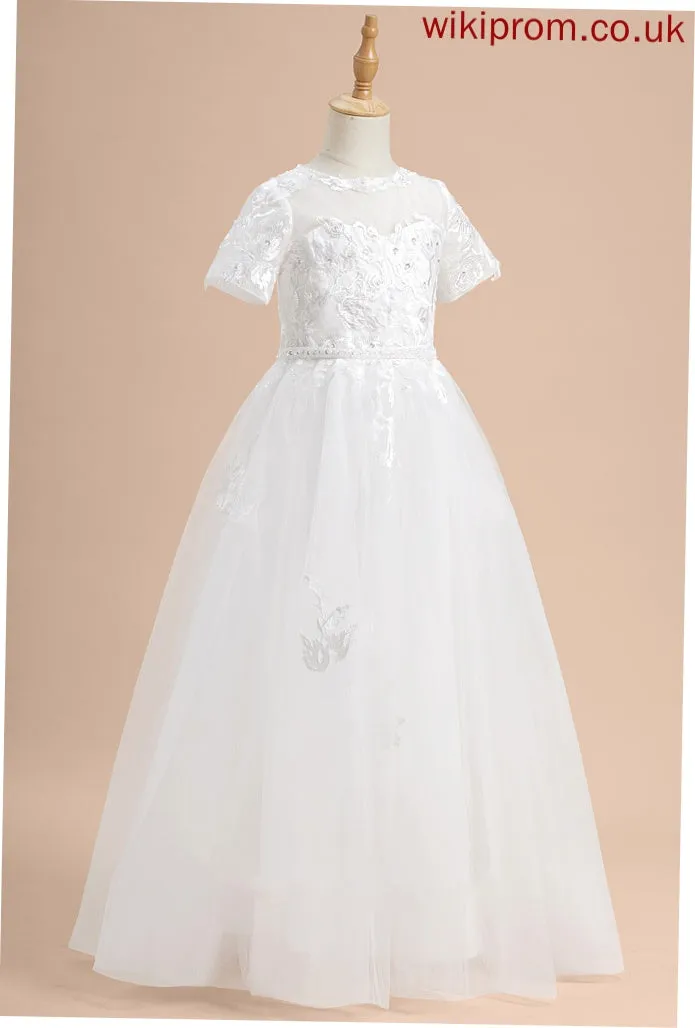 Lace/Beading/Sequins Floor-length Girl Scoop Tulle Sleeves - Ball-Gown/Princess Flower Short Briana With Flower Girl Dresses Dress Neck