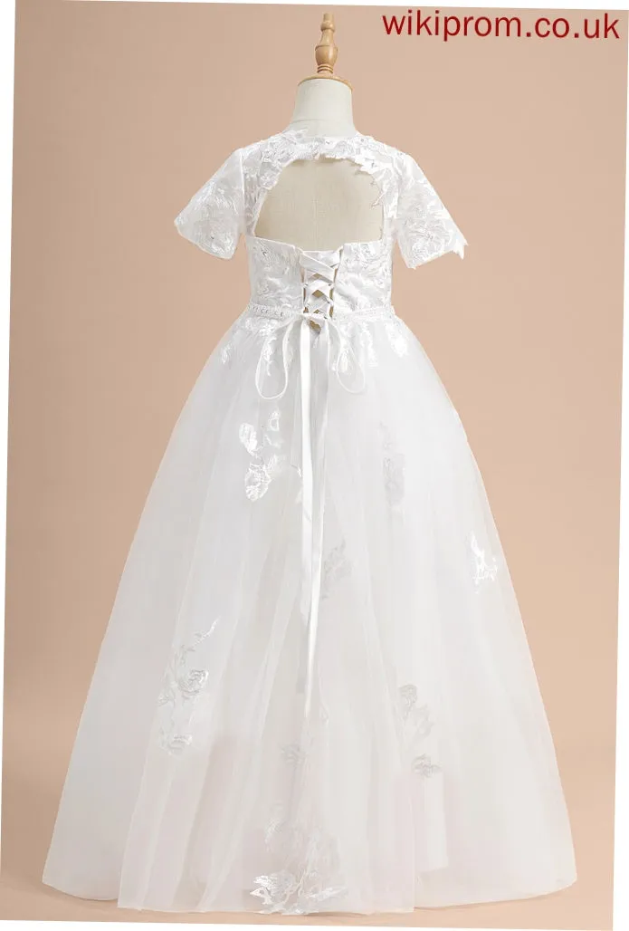 Lace/Beading/Sequins Floor-length Girl Scoop Tulle Sleeves - Ball-Gown/Princess Flower Short Briana With Flower Girl Dresses Dress Neck