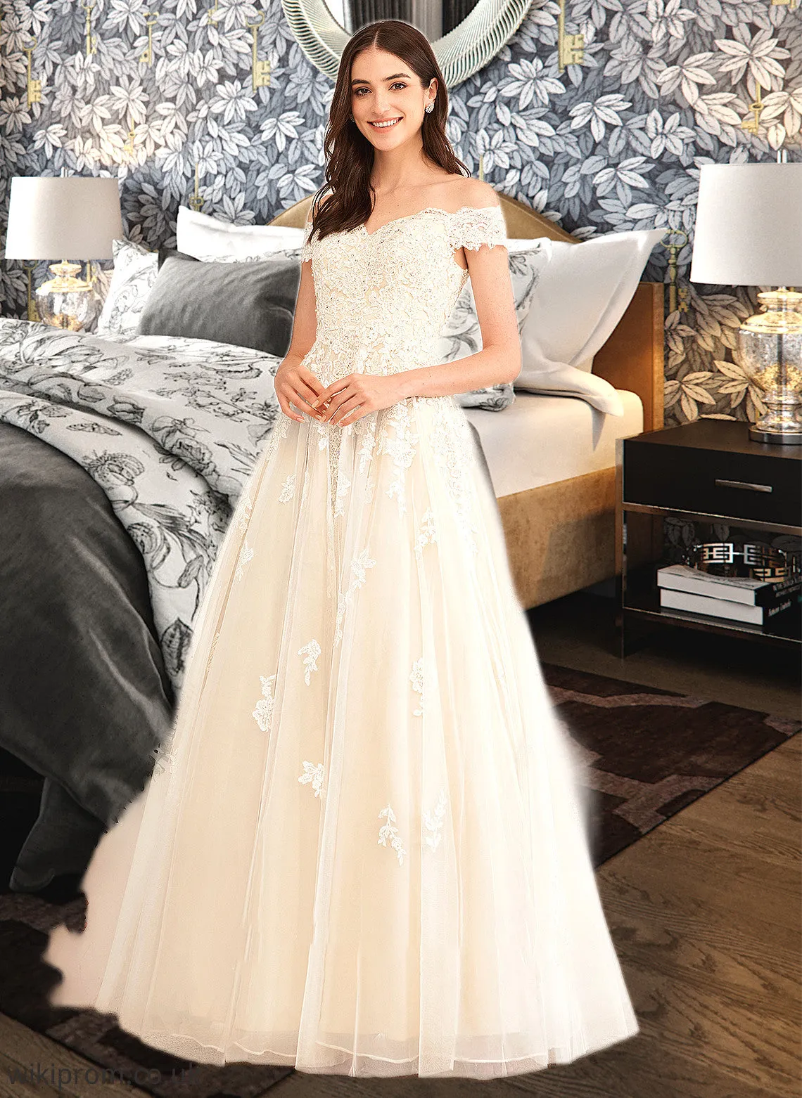 Leanna Ball-Gown/Princess Off-the-Shoulder Floor-Length Wedding Dress With Beading Sequins SWKP0013765