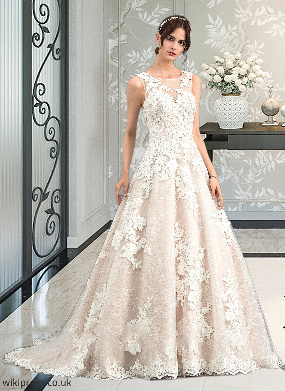 Lesley Ball-Gown/Princess Illusion Court Train Tulle Wedding Dress With Beading Sequins SWKP0013724