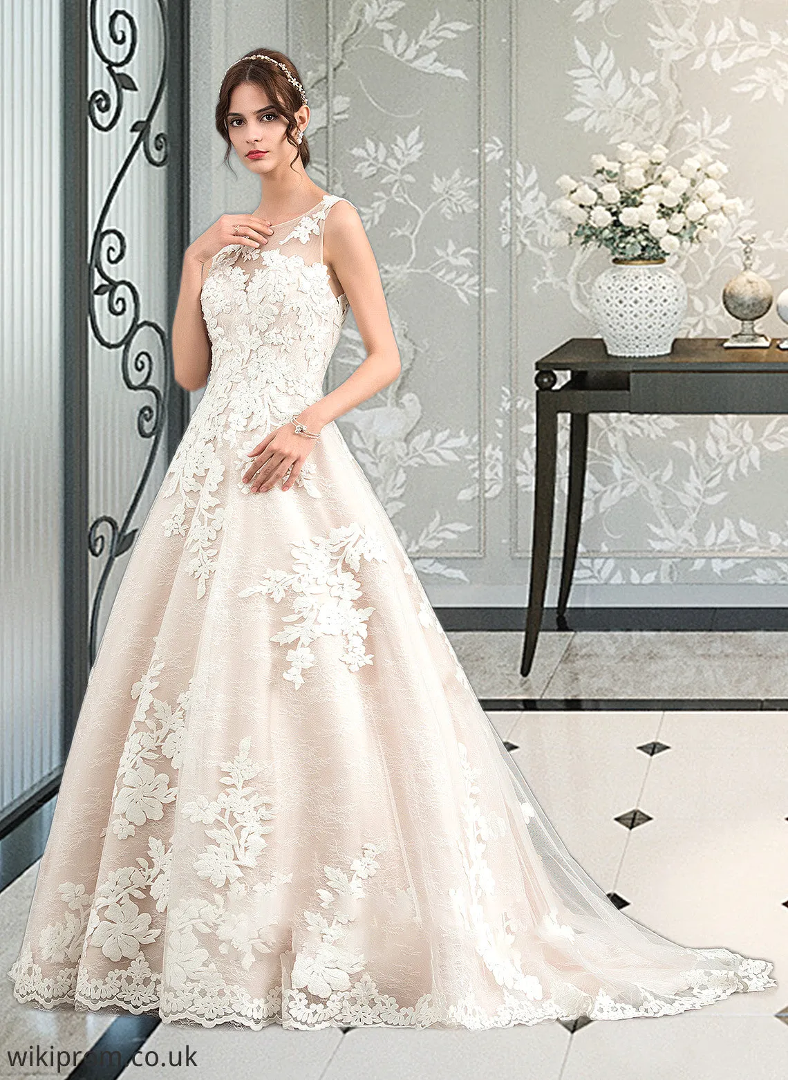 Lesley Ball-Gown/Princess Illusion Court Train Tulle Wedding Dress With Beading Sequins SWKP0013724
