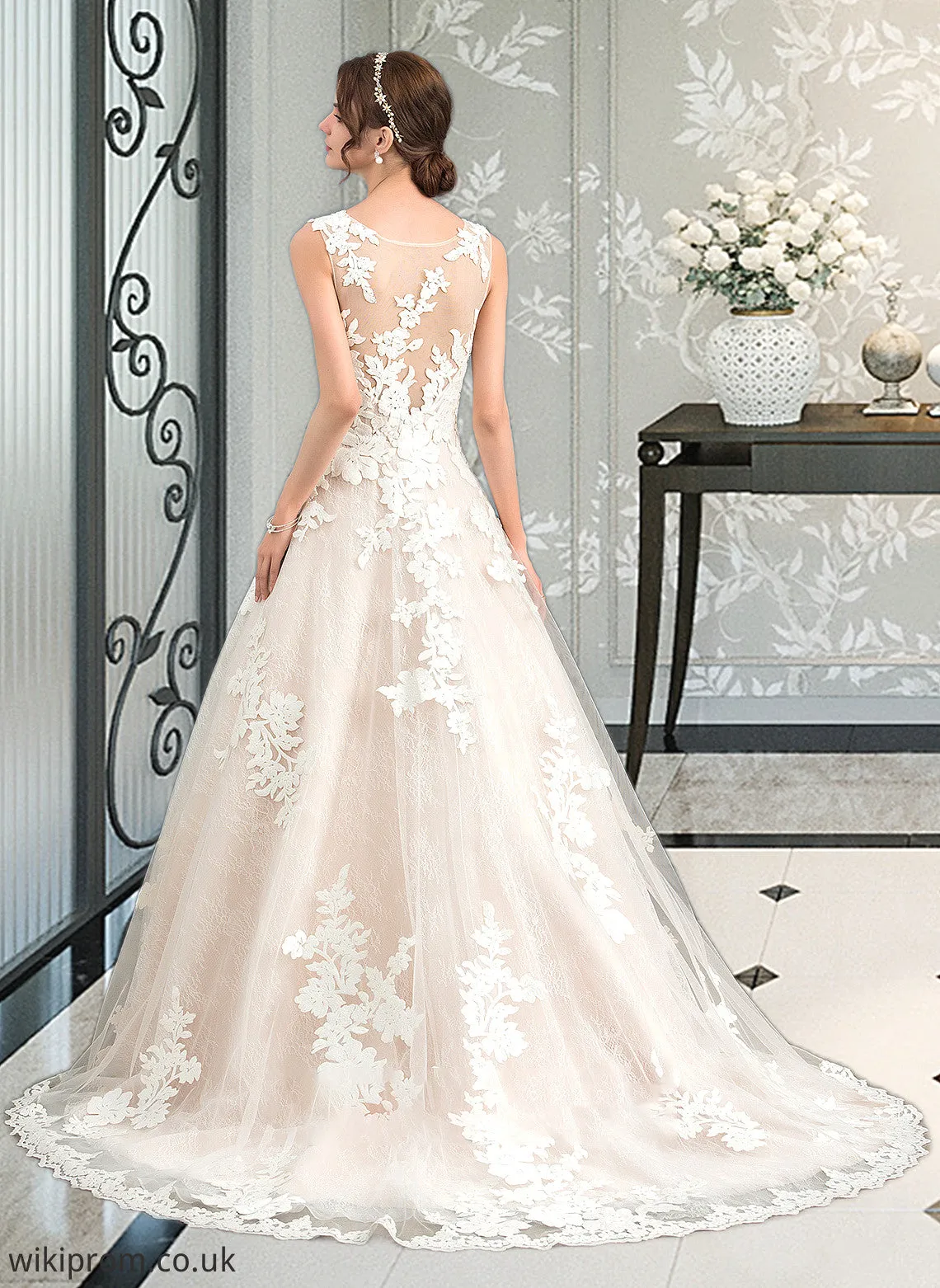 Lesley Ball-Gown/Princess Illusion Court Train Tulle Wedding Dress With Beading Sequins SWKP0013724