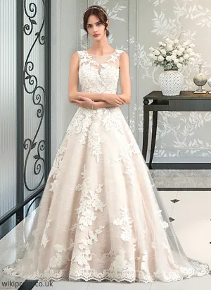 Lesley Ball-Gown/Princess Illusion Court Train Tulle Wedding Dress With Beading Sequins SWKP0013724