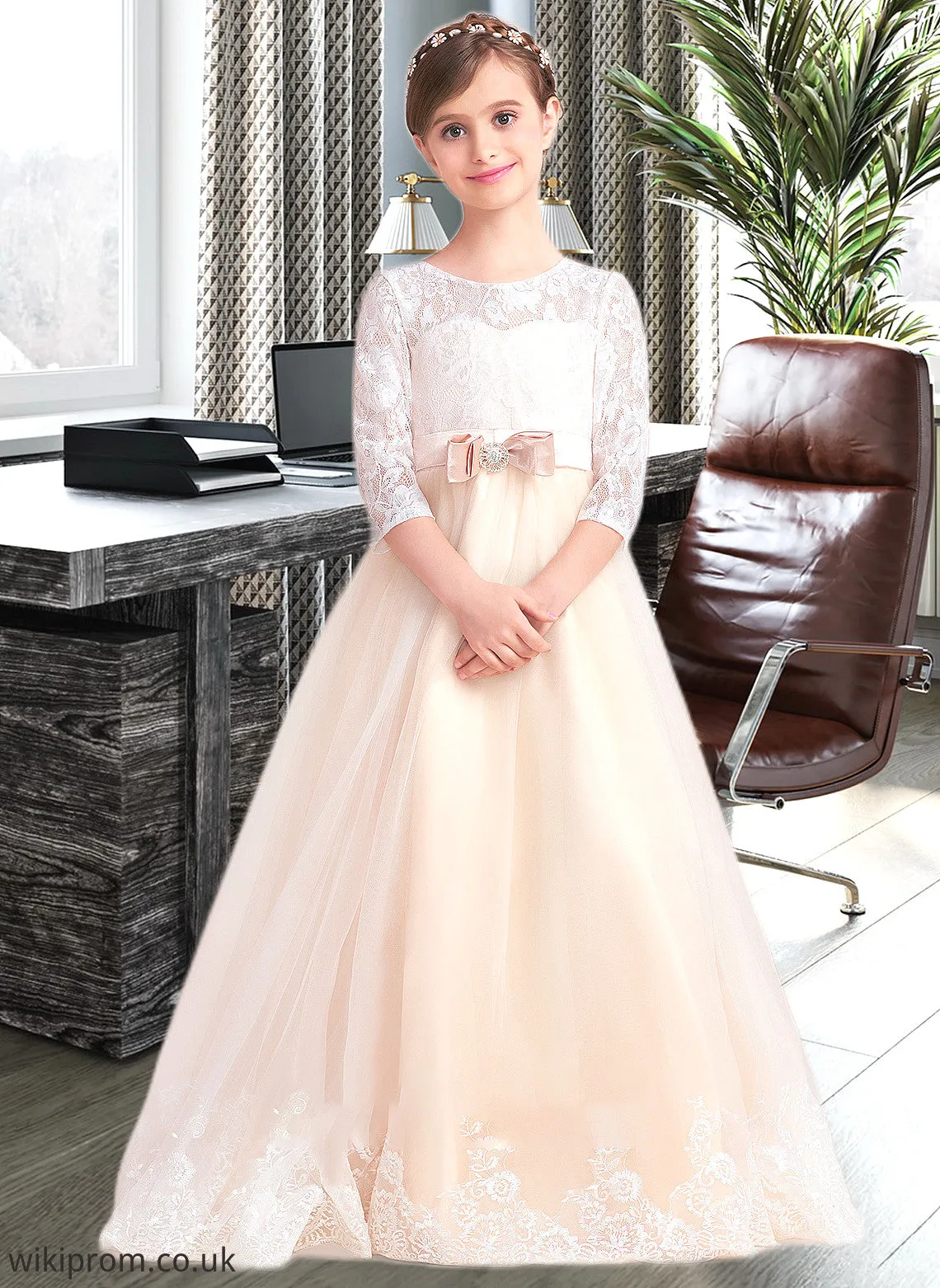 Luz Ball-Gown/Princess Scoop Neck Floor-Length Tulle Lace Junior Bridesmaid Dress With Sash Beading Bow(s) SWKP0013589