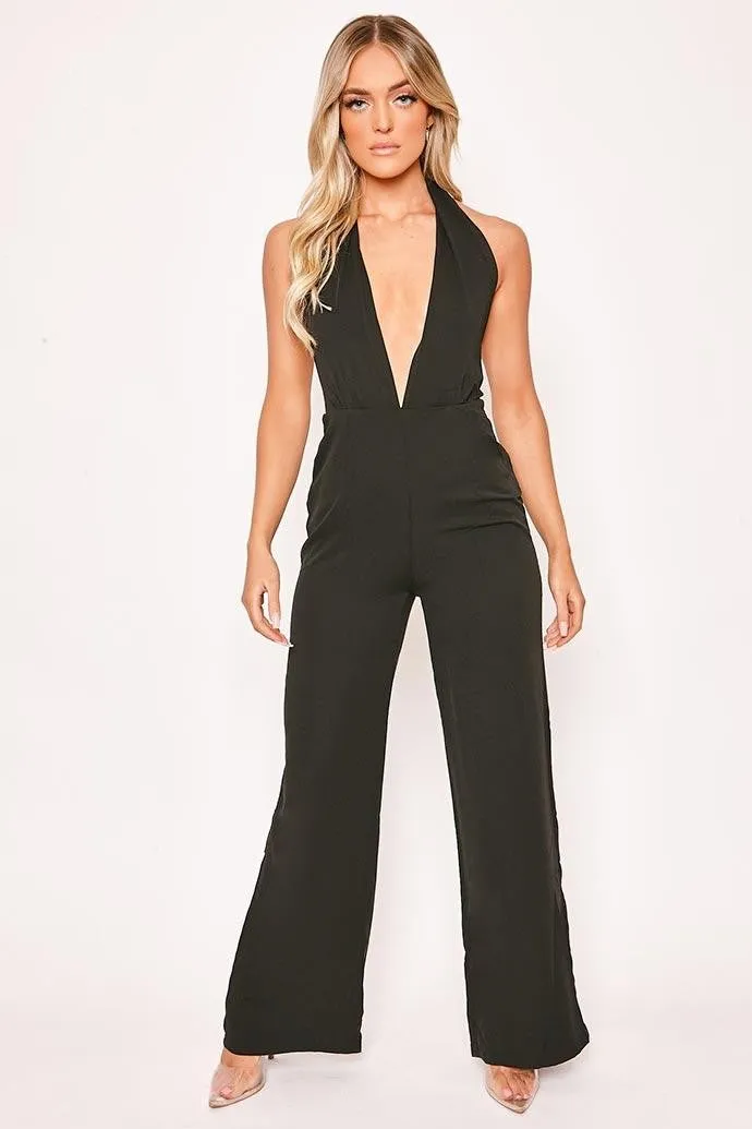 Malibu - Black Halterneck Plunge Backless Jumpsuit