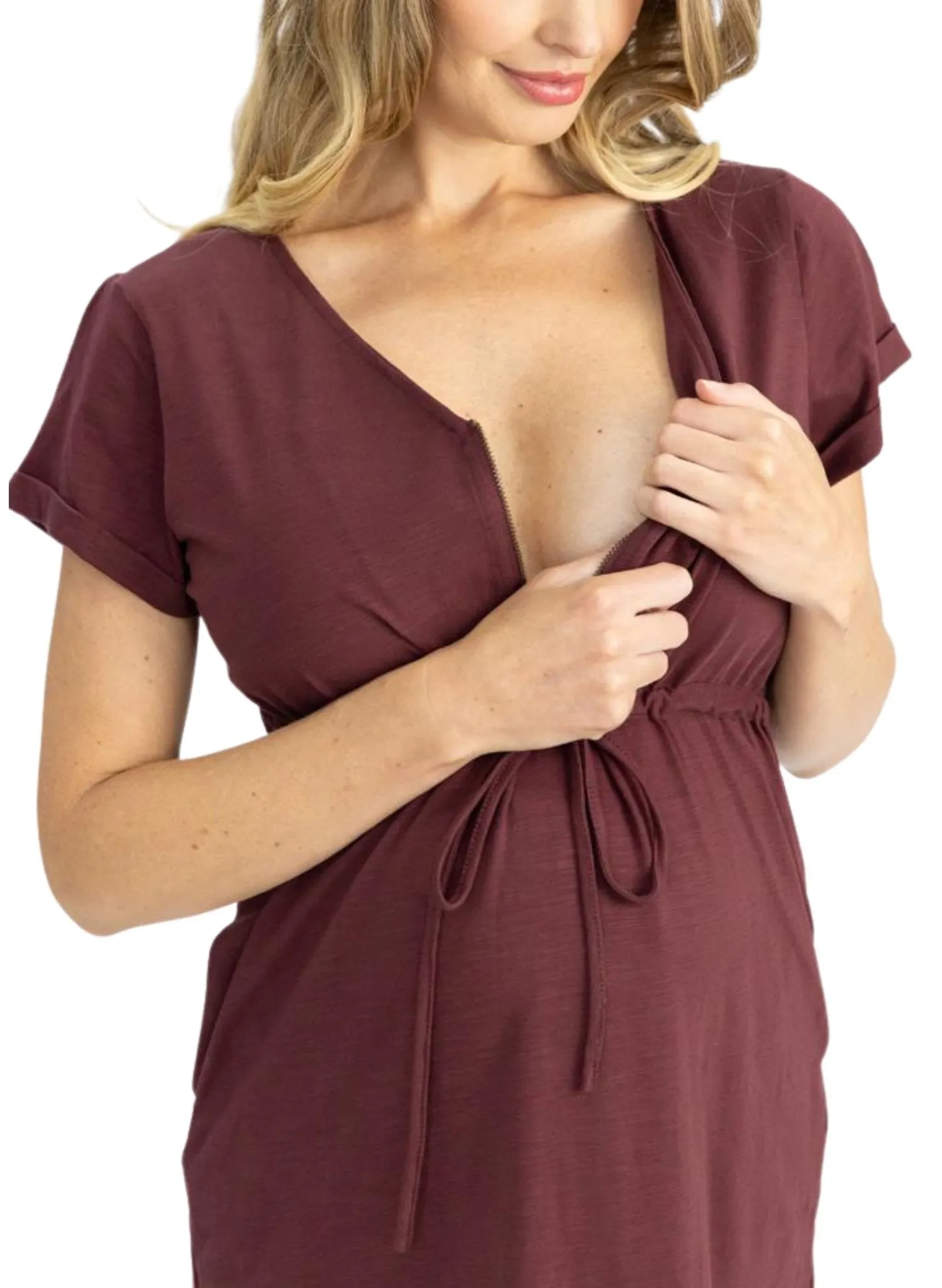 Maternity & Nursing Zipper Drawstring Dress - Burgundy