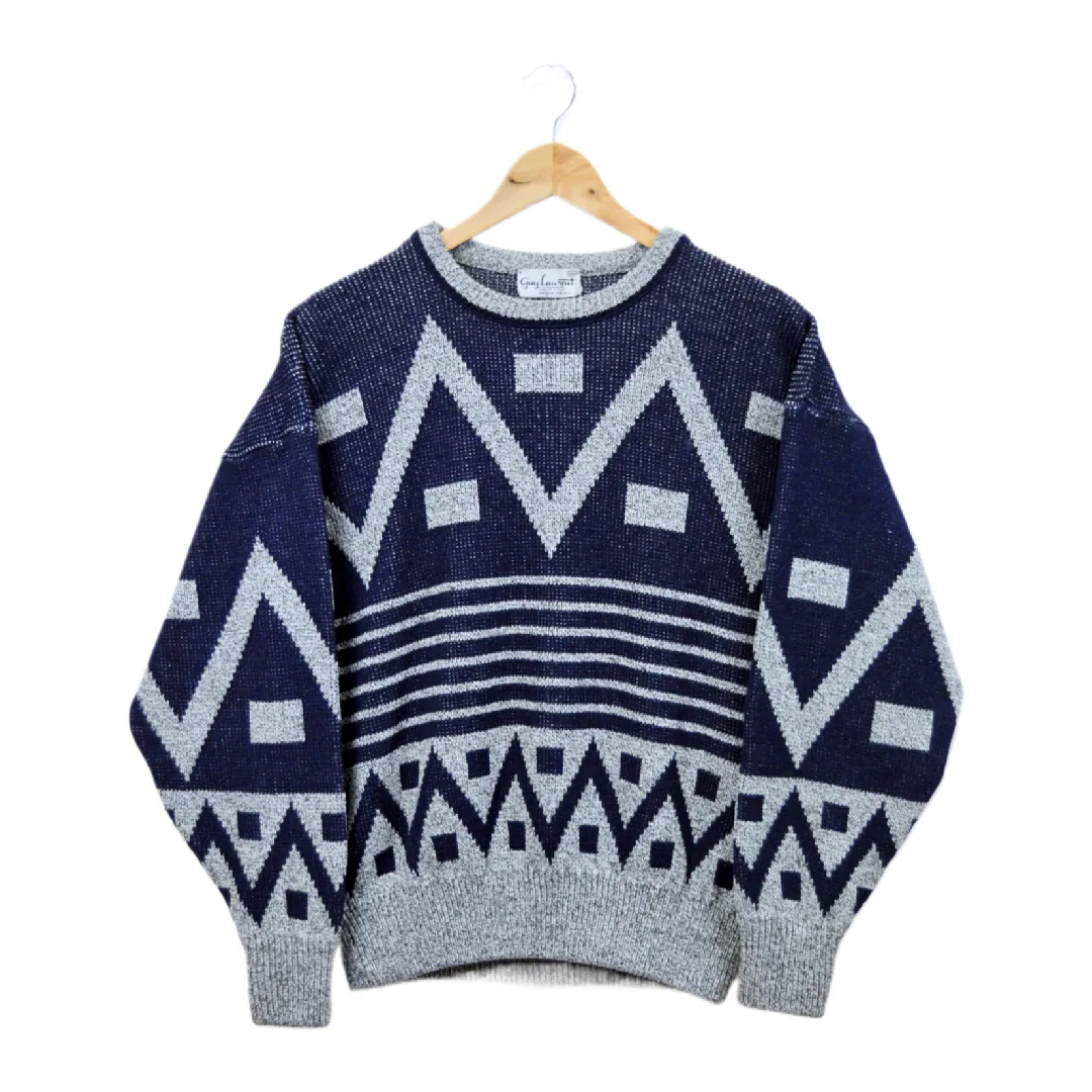 Men's Navy and Grey Wool Blend Geometric Sweater | M