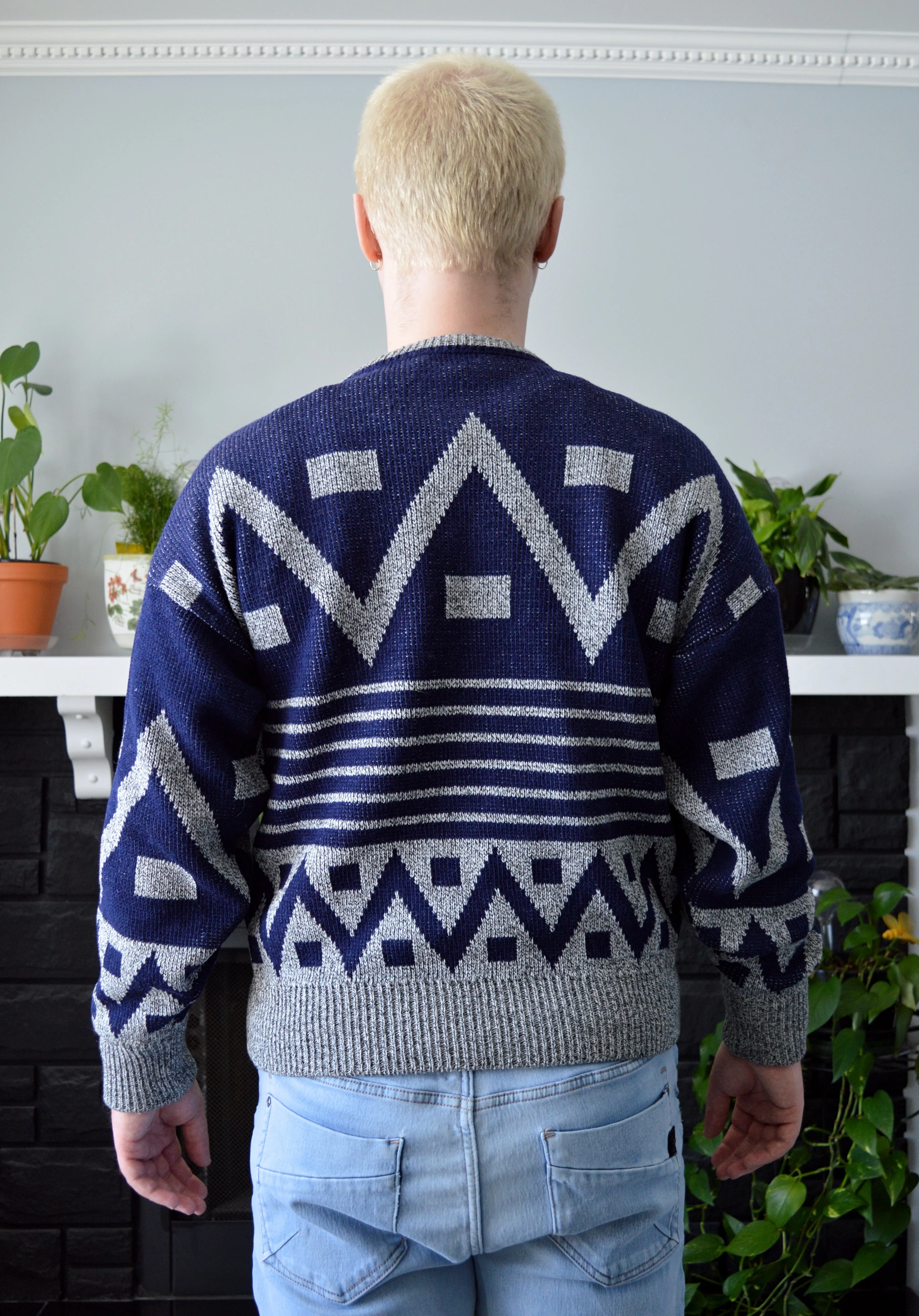 Men's Navy and Grey Wool Blend Geometric Sweater | M