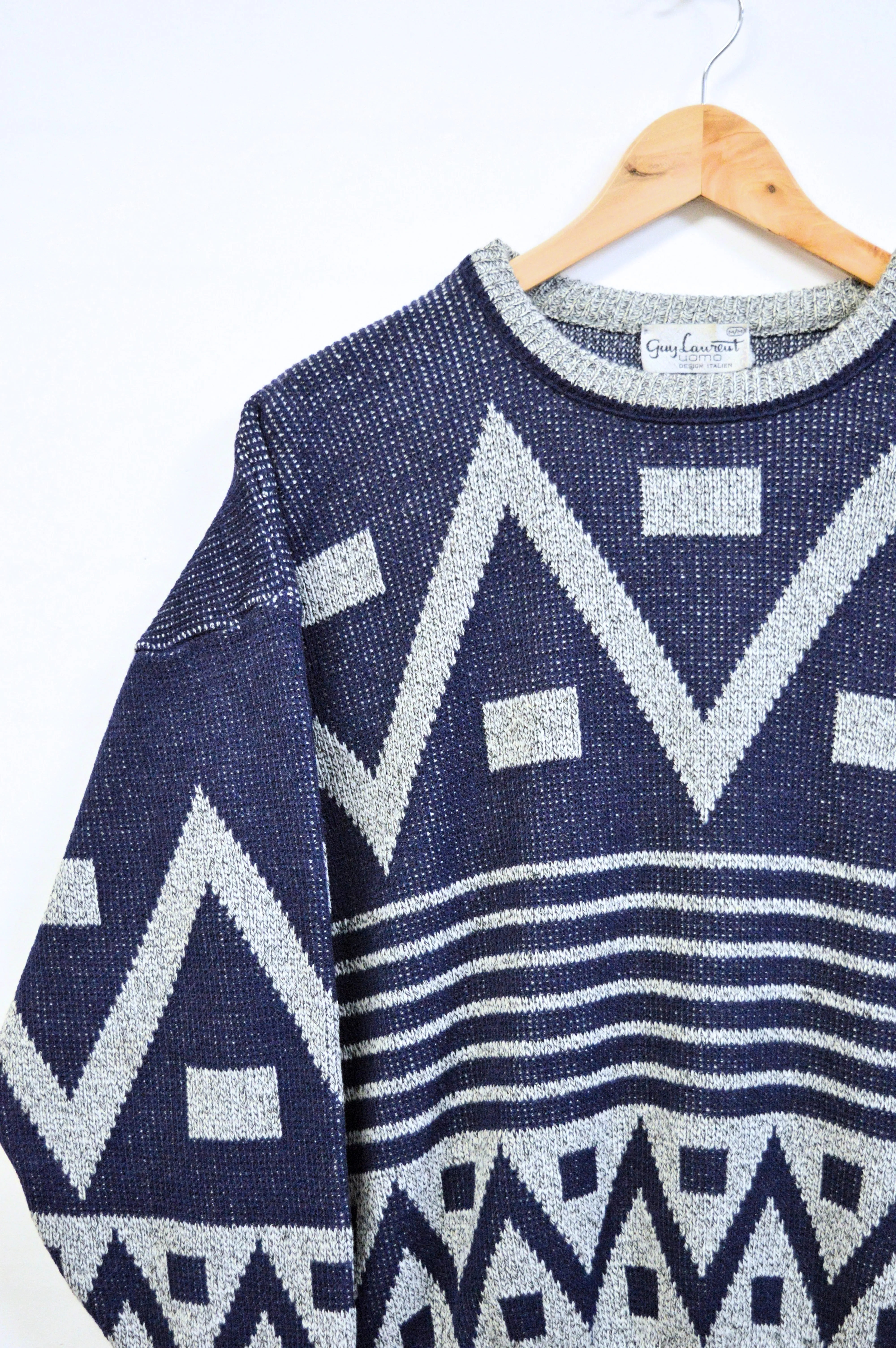 Men's Navy and Grey Wool Blend Geometric Sweater | M