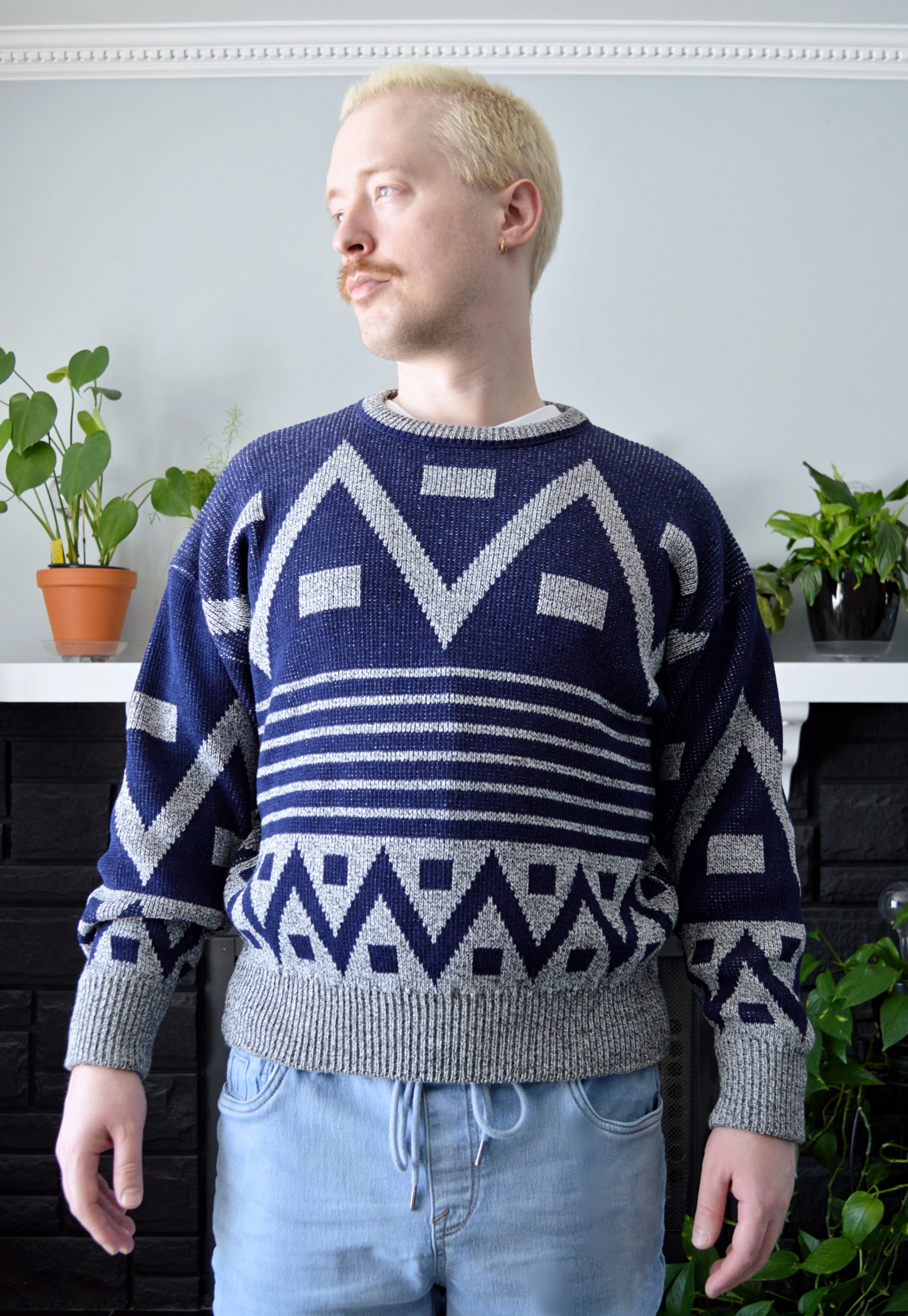 Men's Navy and Grey Wool Blend Geometric Sweater | M