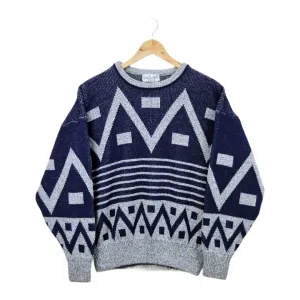 Men's Navy and Grey Wool Blend Geometric Sweater | M