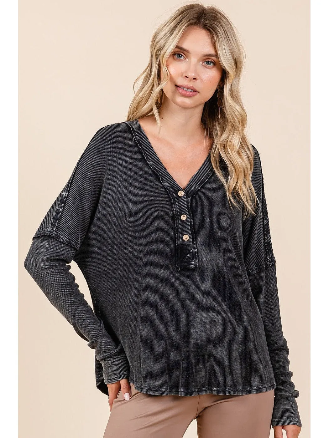 Mittoshop Washed V-Neck Long Sleeve Blouse