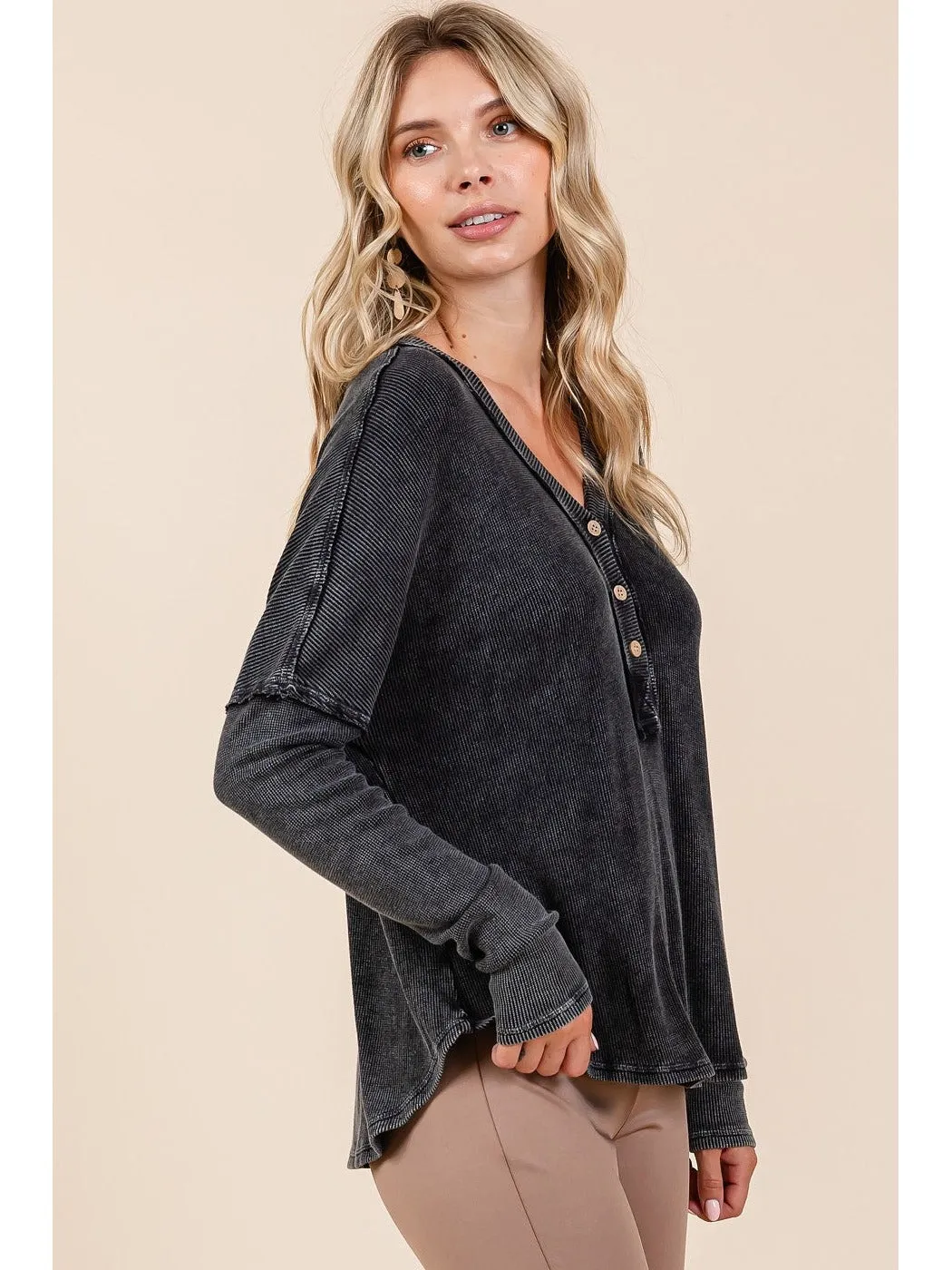 Mittoshop Washed V-Neck Long Sleeve Blouse
