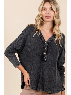 Mittoshop Washed V-Neck Long Sleeve Blouse