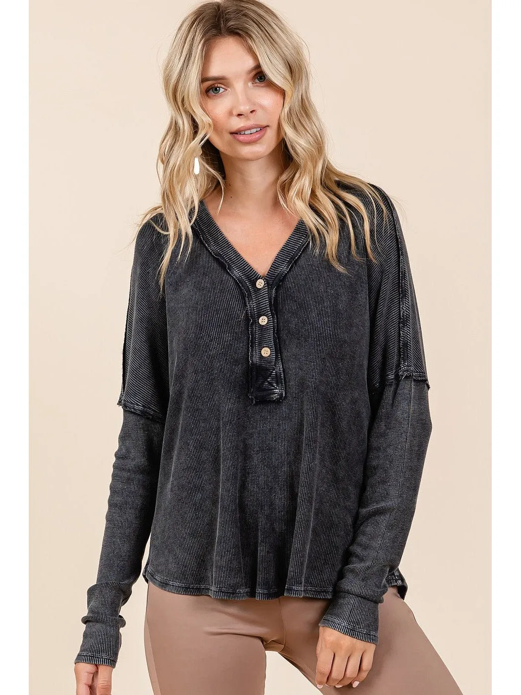 Mittoshop Washed V-Neck Long Sleeve Blouse