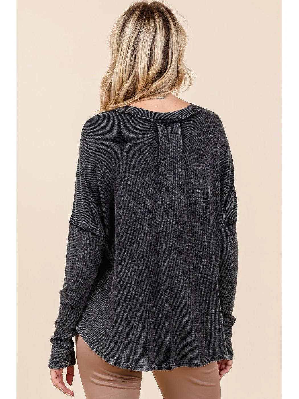 Mittoshop Washed V-Neck Long Sleeve Blouse