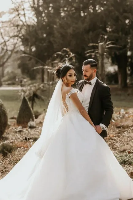 Off the shoulder White Garden Ball Gown Wedding Dress