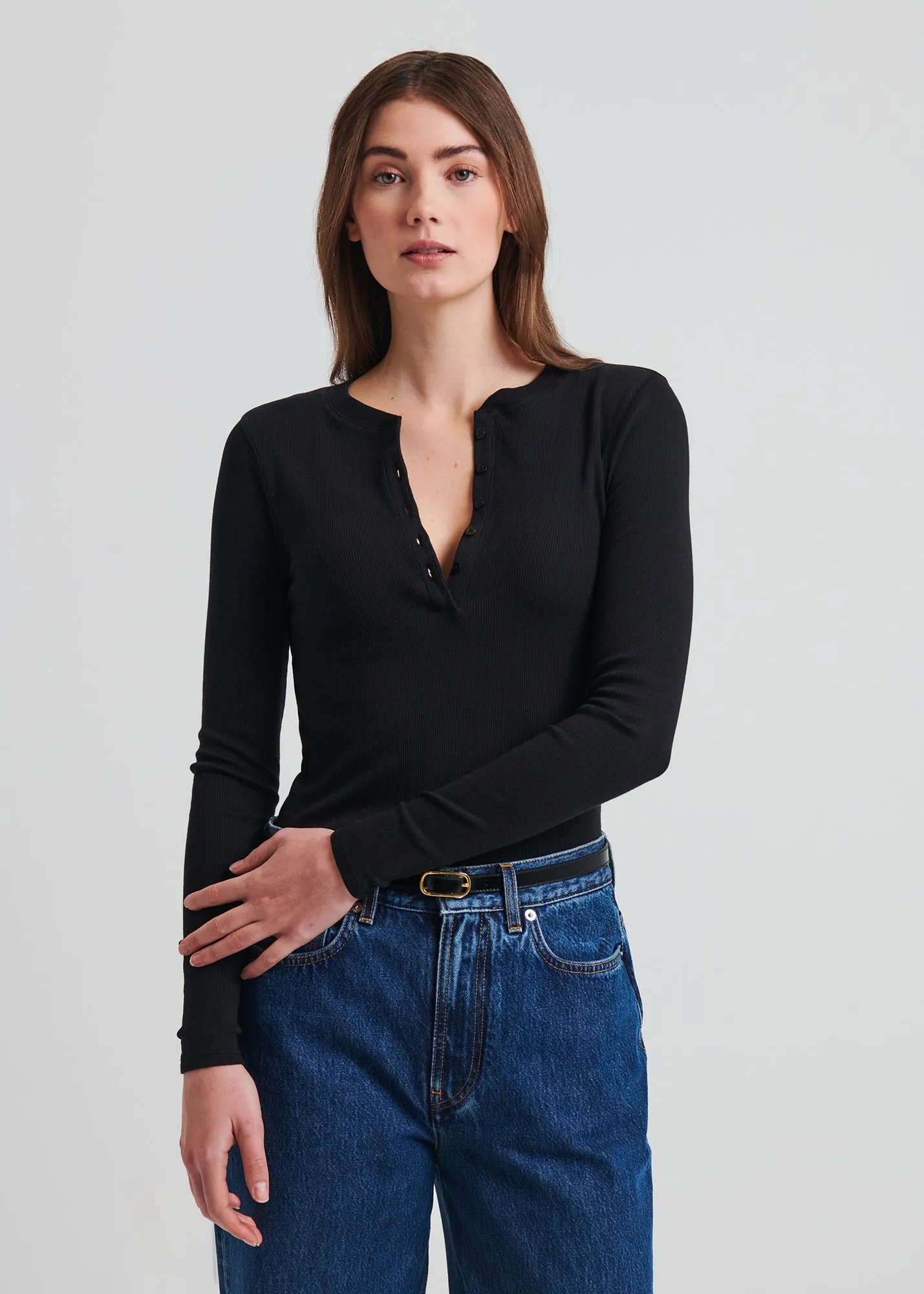 Pima Cotton Stretch Ribbed Long Sleeve Henley