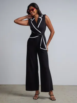 Piped V-Neck Jumpsuit - Magic Crepe®