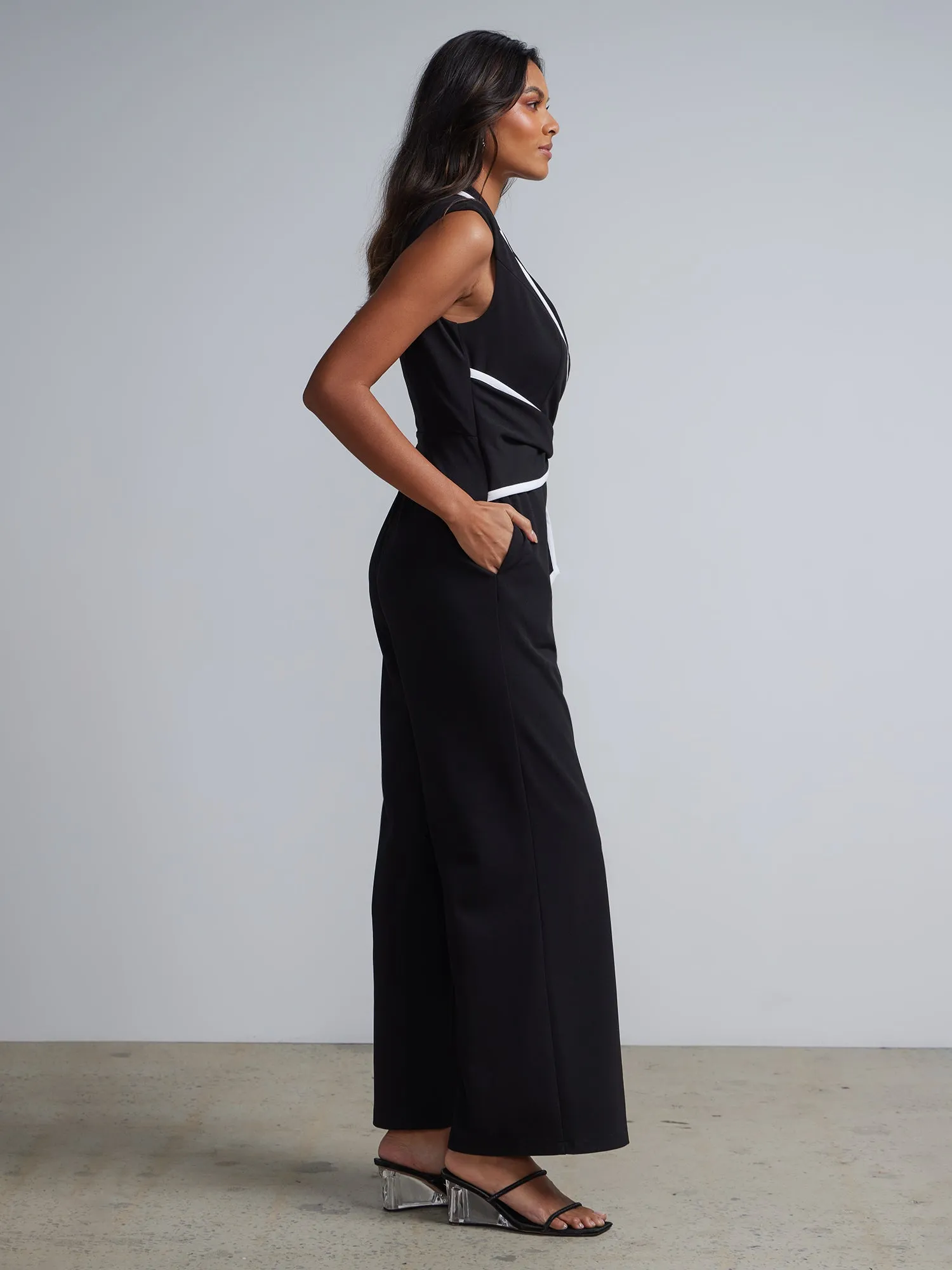 Piped V-Neck Jumpsuit - Magic Crepe®