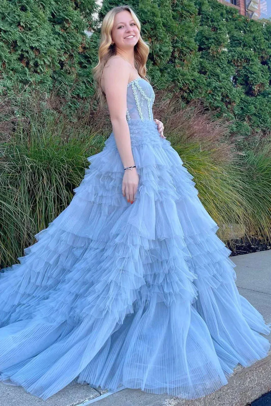 Princess Blue Strapless Tiered Tulle Prom Gown