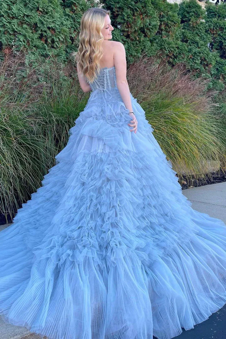 Princess Blue Strapless Tiered Tulle Prom Gown